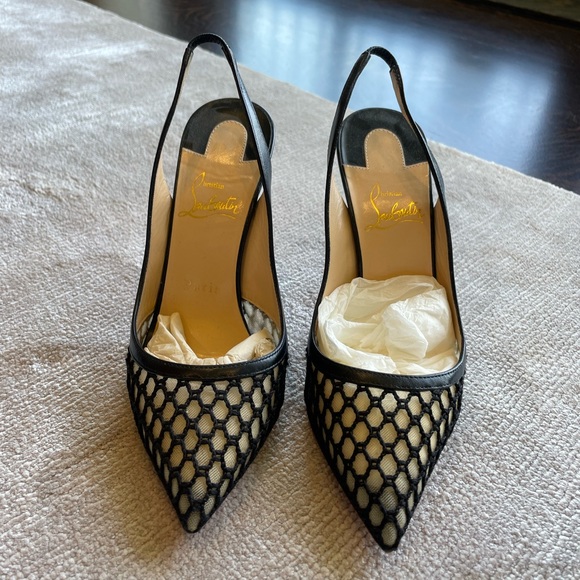 Christian Louboutin Black Leather And Mesh Miluna Slingback Sandals Size 37 - Picture 2 of 8